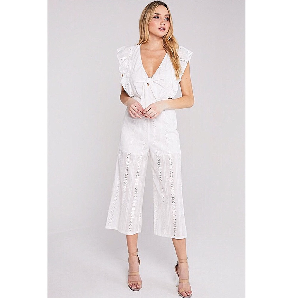 NEW! White Ruffle Sleeve Eyelet Lace Jumpsuit - Picture 3 of 9